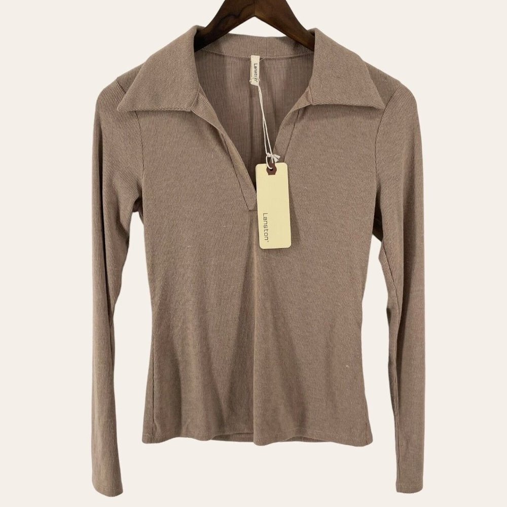 Lanston Tan Ribbed‎ Collared Polo Top Size XS